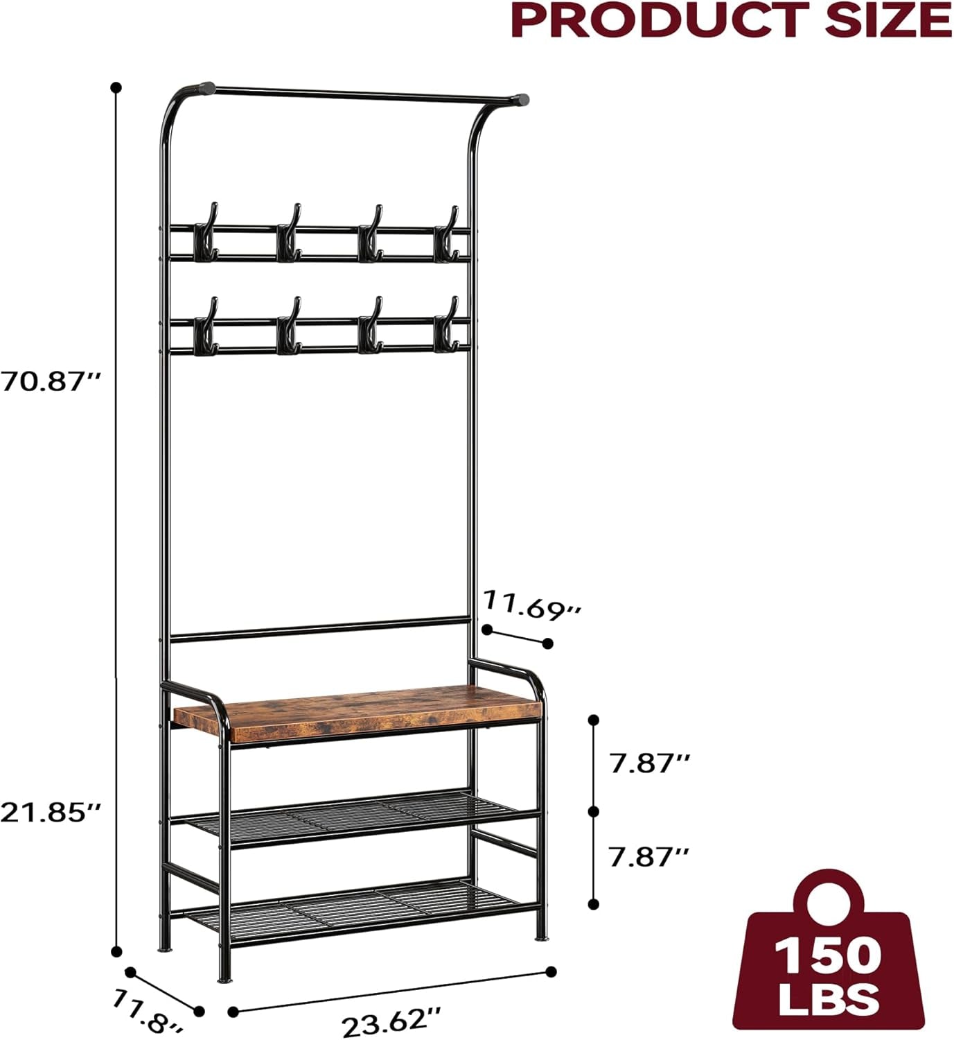 Hall Tree Shoe Bench for Entryway, Coat Rack Storage Bench, 4-In-1 Coat Tree with Storage Shelf and 8 Hooks for Small Spaces, Entryway, Bedroom, Rustic Brown