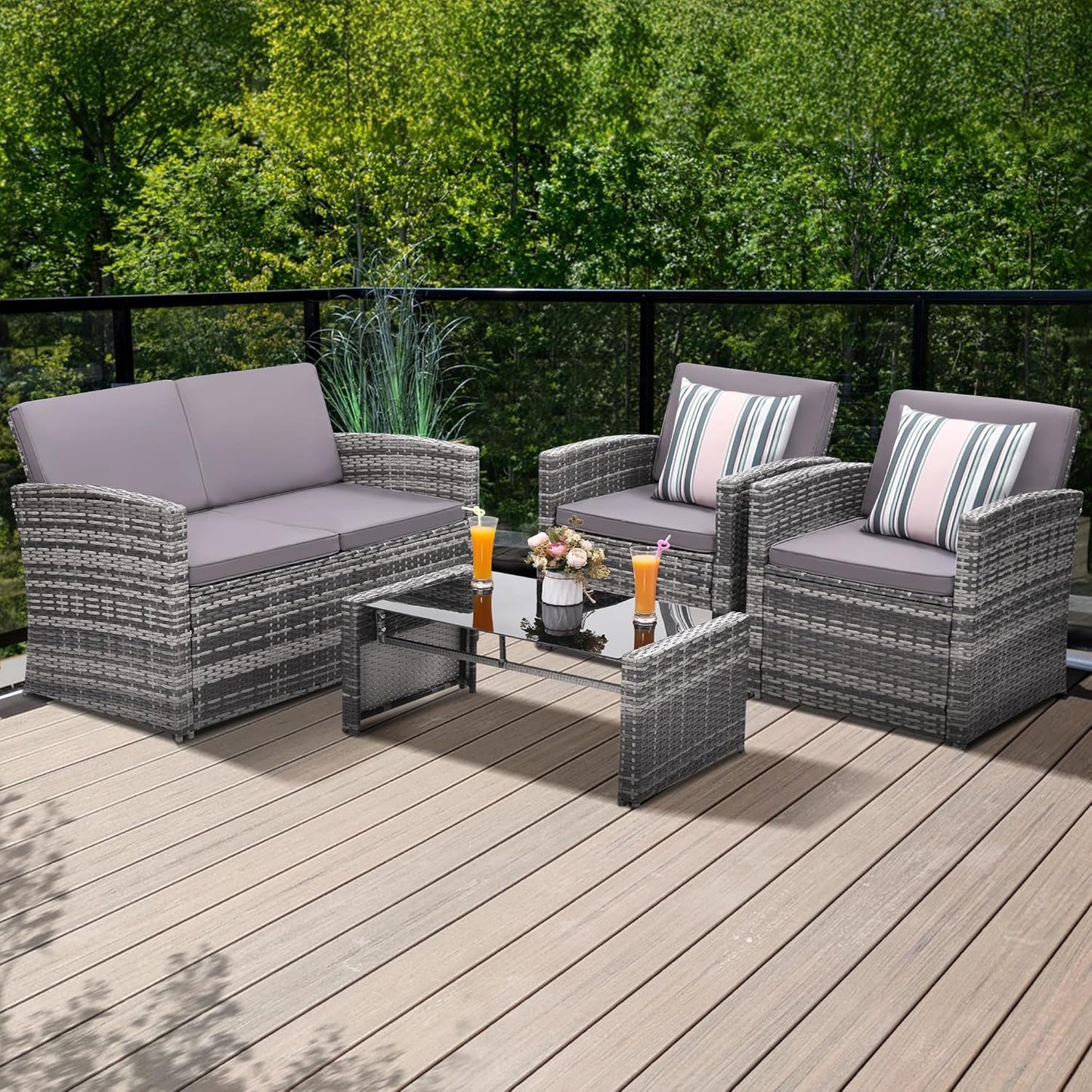 4-Piece Patio Furniture Set, Wicker Outdoor Rattan Sectional Sofa with Cushions and Glass Table, All-Weather Outdoor Conversation Set for Garden, Porch, Backyard, Patio, Light Grey