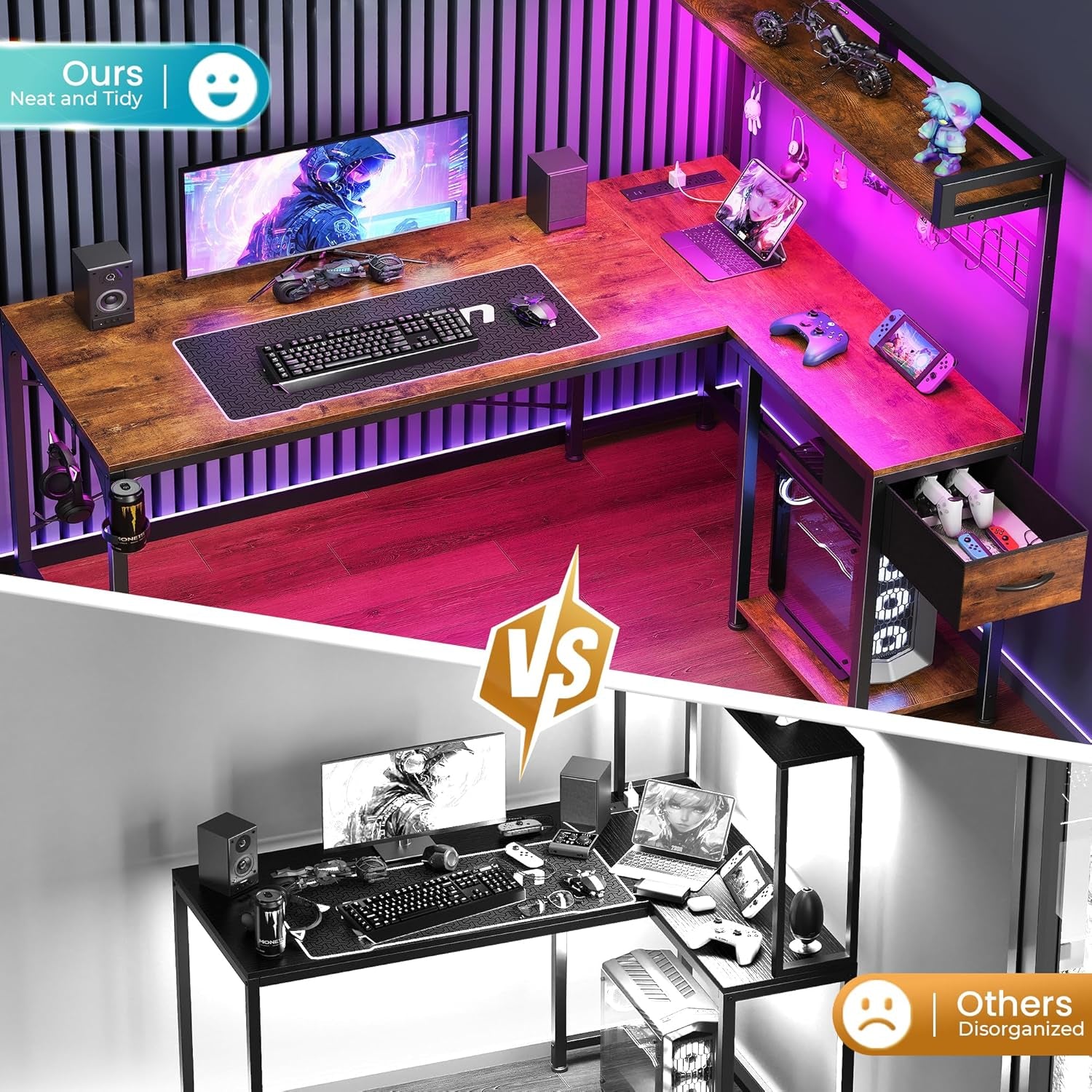 L Shaped Gaming Desk with Shelves, Corner Computer Table with LED Lights, Power Outlets and USB-C Ports, 50 Inch Reversible Home Office Desk with Storage Drawer, Work and Study, Rustic Brown