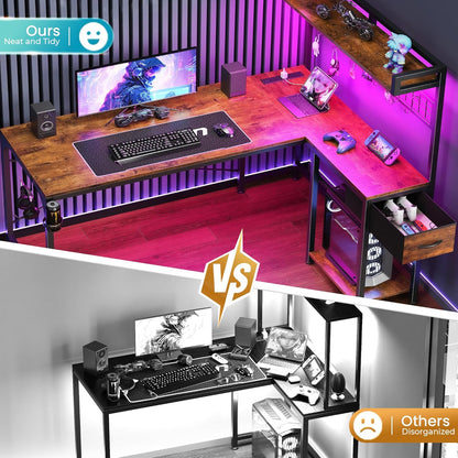 L Shaped Gaming Desk with Shelves, Corner Computer Table with LED Lights, Power Outlets and USB-C Ports, 50 Inch Reversible Home Office Desk with Storage Drawer, Work and Study, Rustic Brown