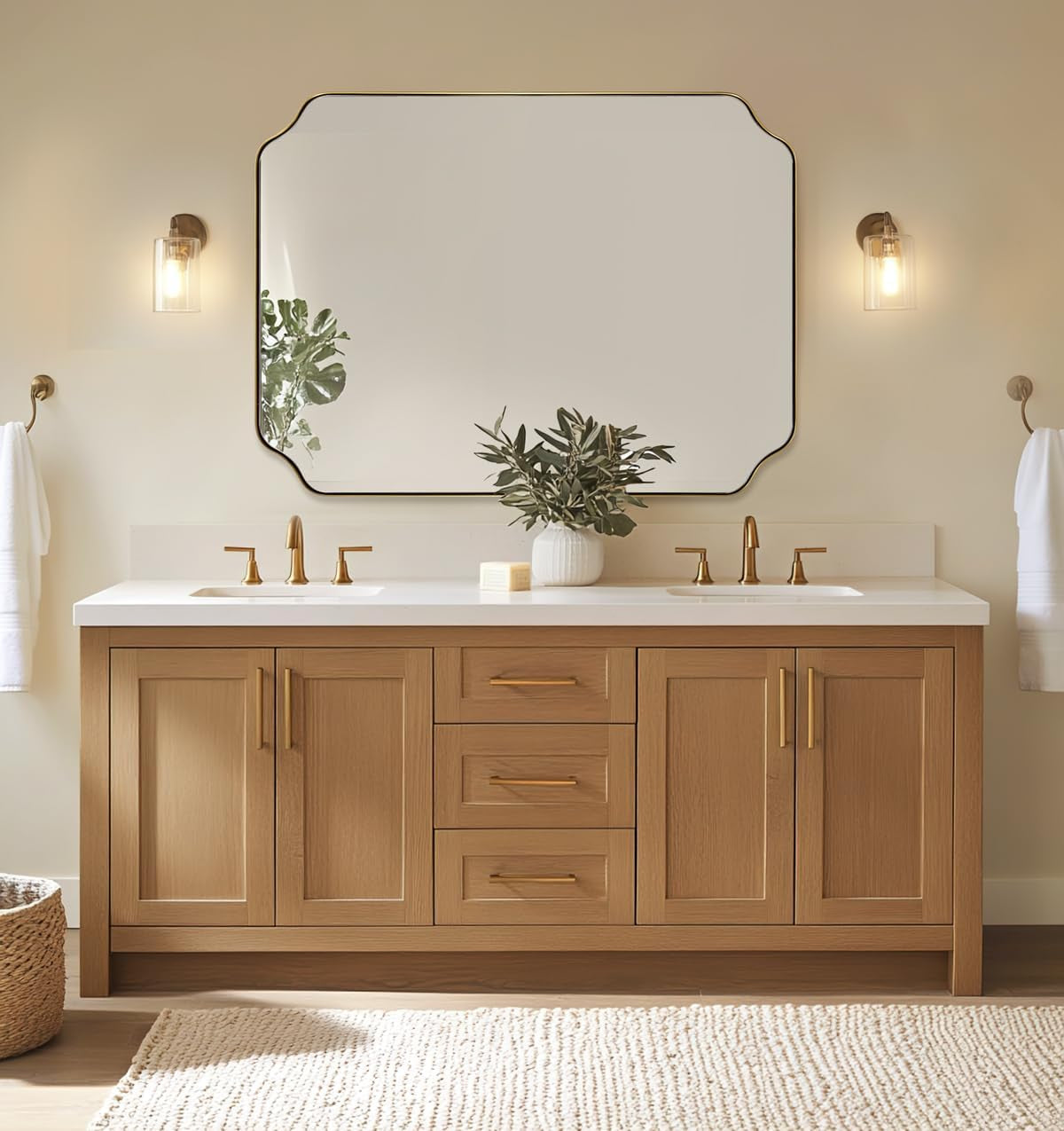 30"X40" Gold Bathroom Mirror, Large Scalloped Wall Mirror, Brushed Brass Mirror in Anti-Rust Stainless Steel Metal, Unique Rectangle Shape Decorative for Bathroom, Living Room, Entryway
