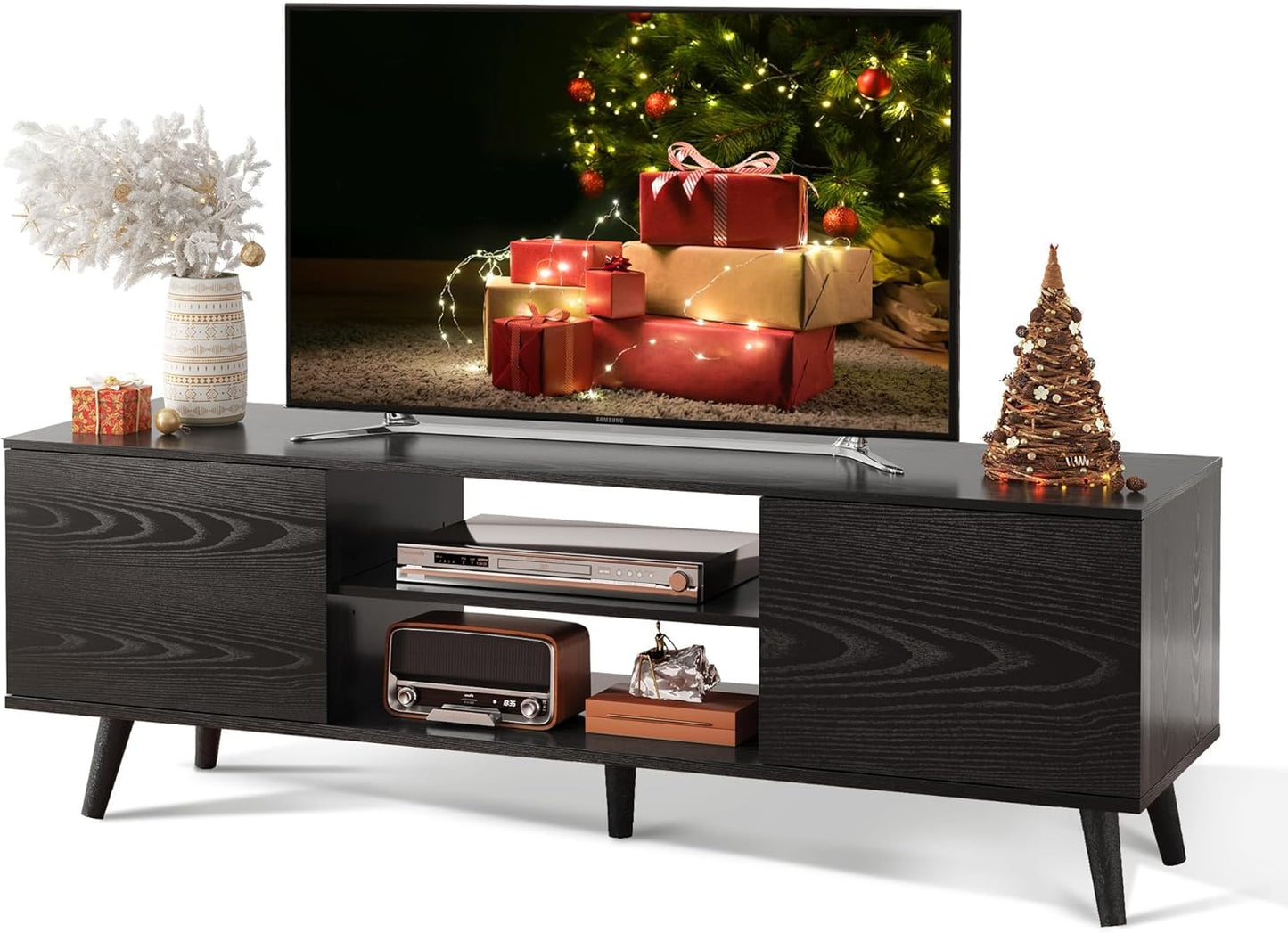 Mid-Century Modern TV Stand for 55 60 65 Inch TV, Entertainment Center with Storage & Adjustable Shelves, Media TV Console with Soft-Close Cabinets for Living Room Bedroom, Black