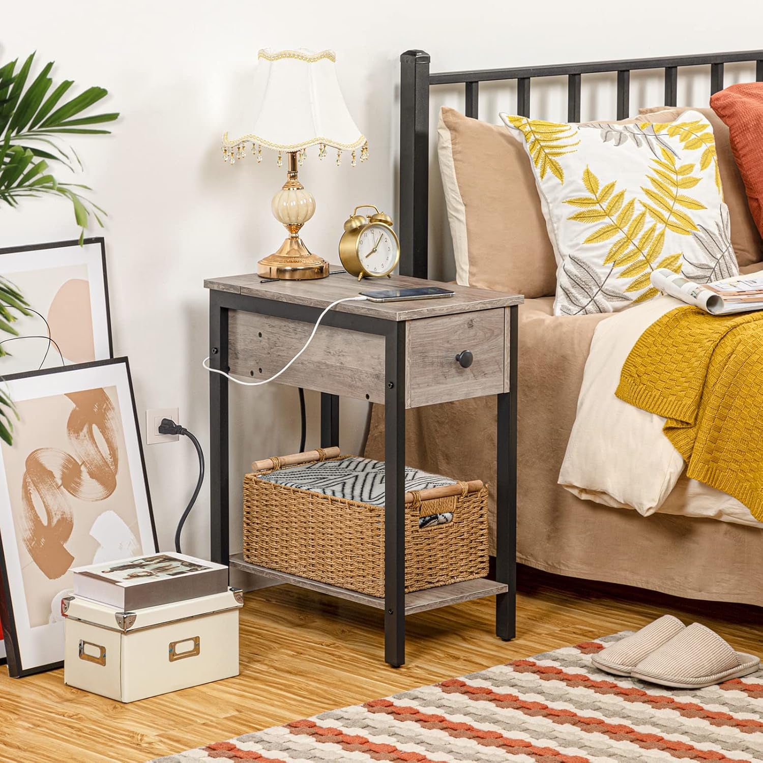 End Table with Charging Station, Narrow Side Table, Small Nightstand, Bedside Tables with Drawer and Storage Shelves, for Small Spaces, Living Room, Bedroom, Greige and Black BG041BZ01G1