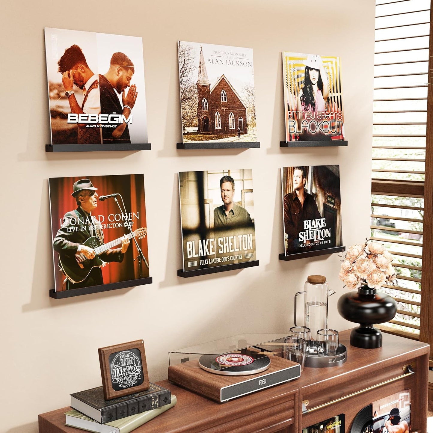 Vinyl Record Shelf Wall Mount, 6 Pack Album Record Holder Wall, 12 Inch Vinyl Record Storage Shelves Wall, Wood Record Display for Living Room(Black)