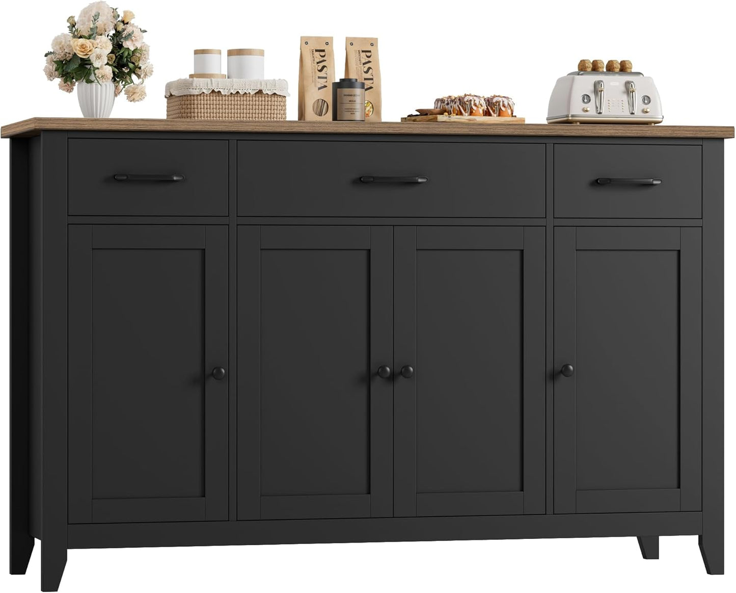 55" Buffet Cabinet, Modern Farmhouse Sideboard Buffet with Drawers, Large Kitchen Storage Cabinet with Adjustable Shelves, Wood Coffee Bar for Kitchen, Dining Room, Living Room, Black