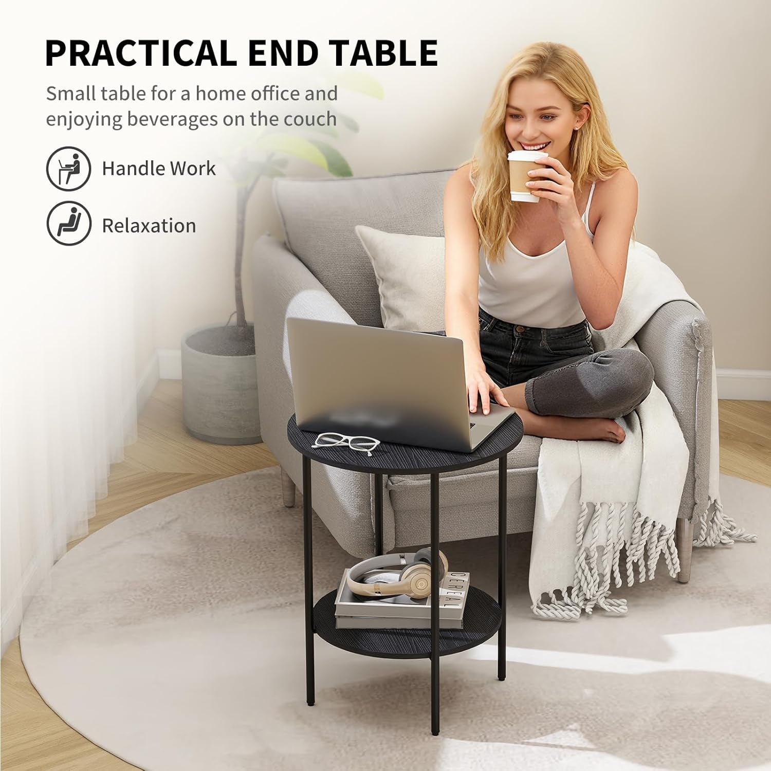 Side Table,Round End Table with 2 Storage Shelves| Compact Side Tables for Living Room, Couch, Office & Bedroom | Narrow Accent Table as Space-Saving Small Bedside Table 18X18X22In(Black)