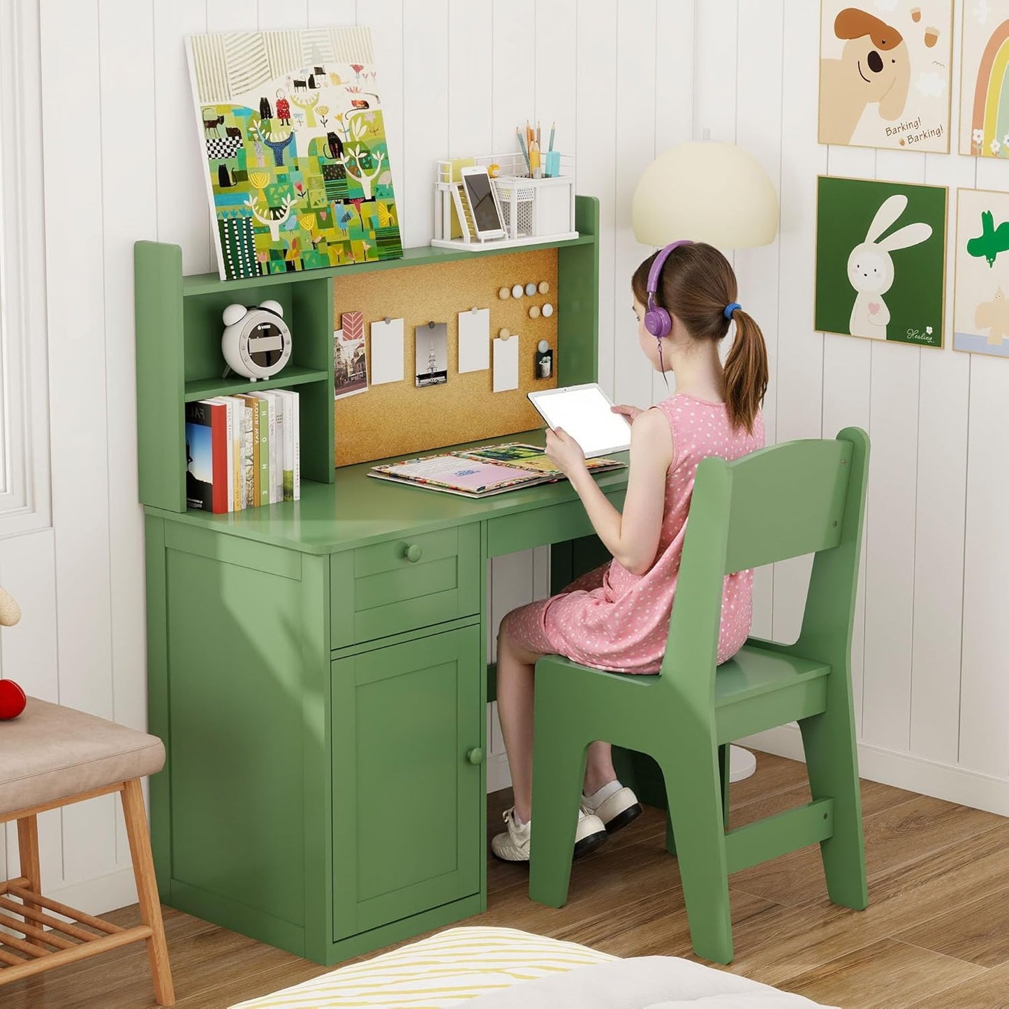 Kids Study Desk with Chair, Children Wooden Study Table with Hutch & Storage Cabinet, Kids Desk Chair Set for 5-12 Years Old, Student Writing Table Computer Workstation for Boys, Green