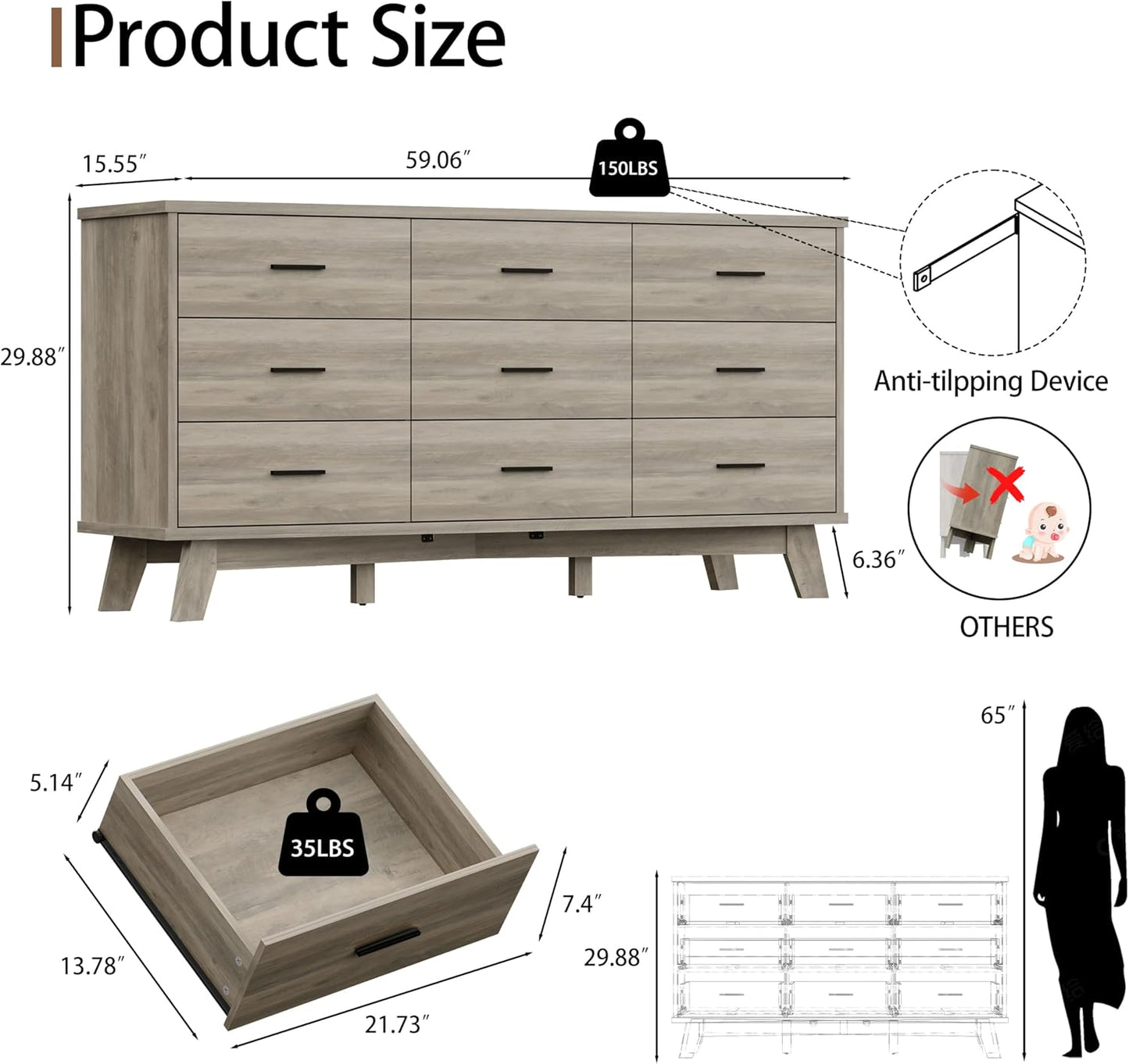 Dresser for Bedroom, 9 Drawer Wide Modern Chest of Drawers with X-Shaped Sturdy Base, Wood Double Dresser Closet Clothes Storage Organizer, Wooden TV Stand for Living Room, Hallway, Grey
