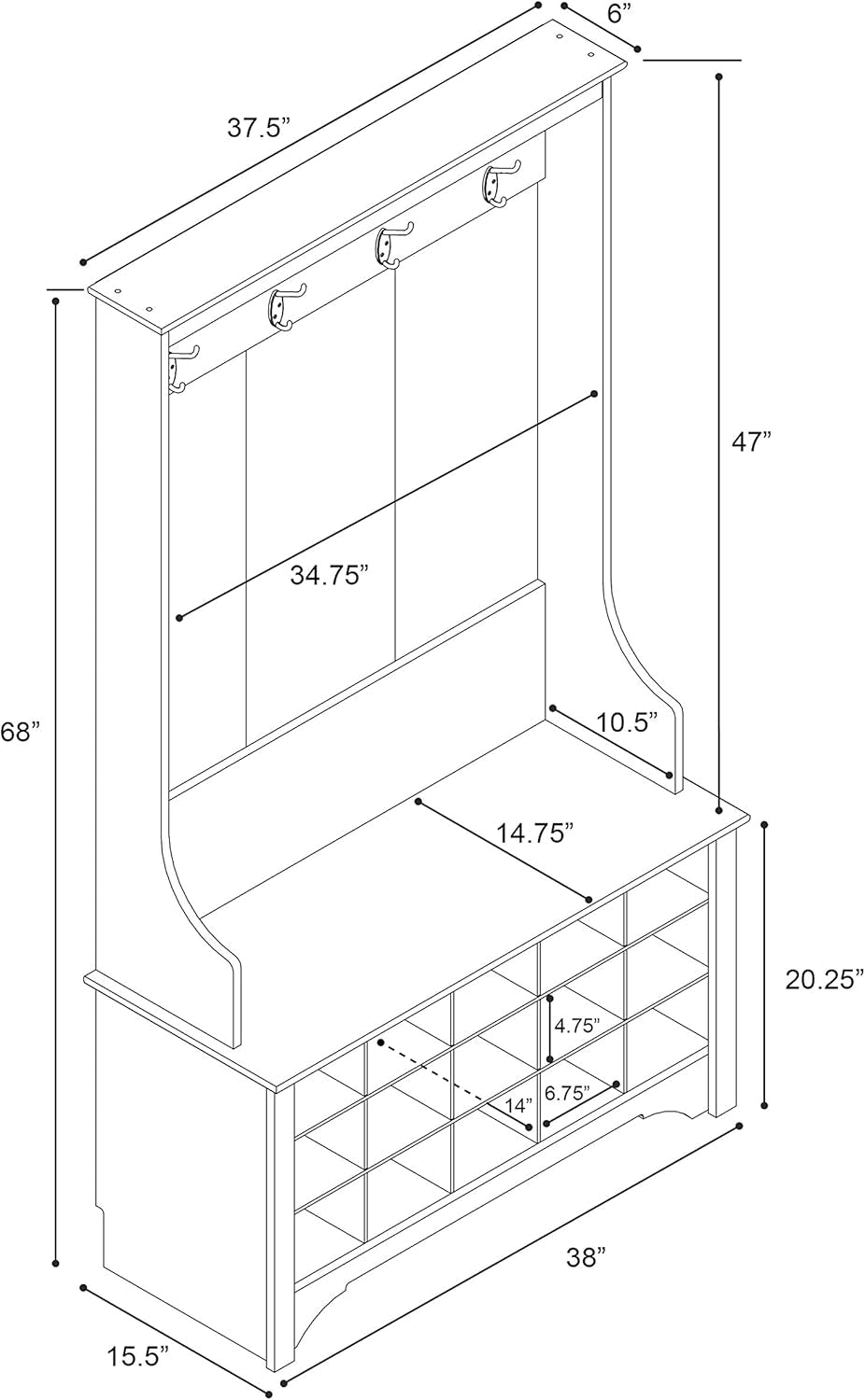 Entryway Organizer, Coat Rack, Hall Tree Features 4 Hooks for Coat Storage, & Hanging Bags; Furniture for Entryway with Bench & 15 Cubbies for Shoe Storage, 38” W X 68” H X 15.5” D, Black