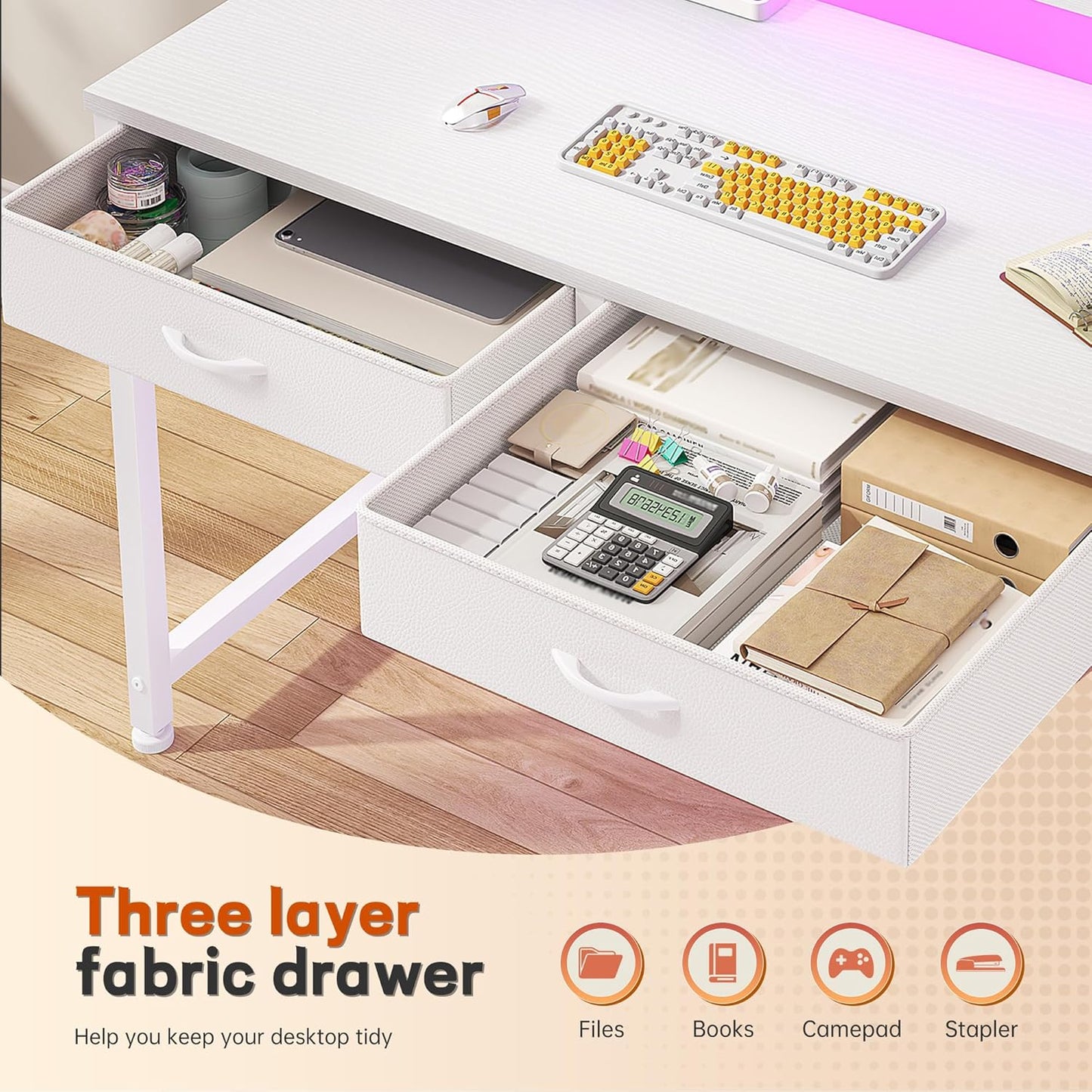 Computer Desk with 2 Drawers & LED Lights,31.5 Inch Home Office Desks with Side Pocket and Monitor Stand,Study Writing Table for Small Spaces,White