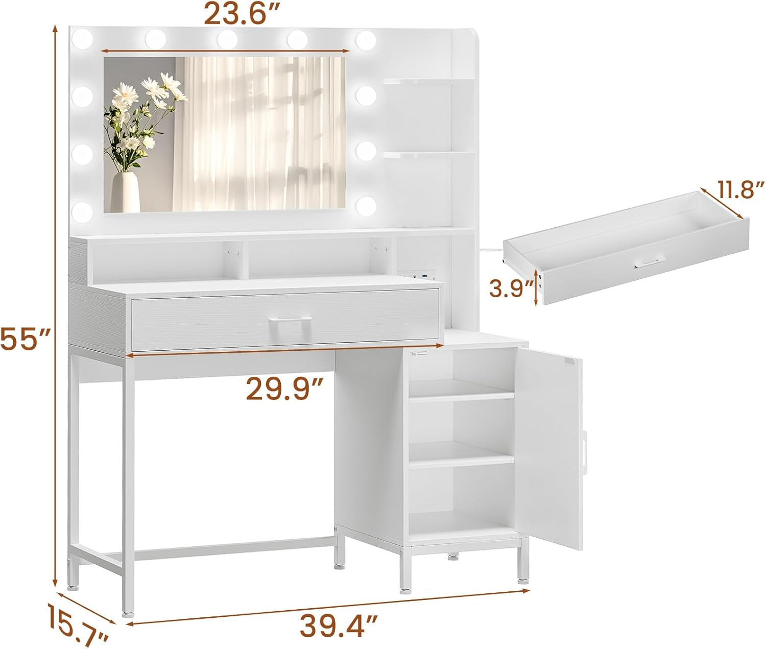 Vanity Desk with Mirror and Lights, Makeup Vanity with Storage Drawer, Power Outlet and Large Cabinet for Bedroom - White
