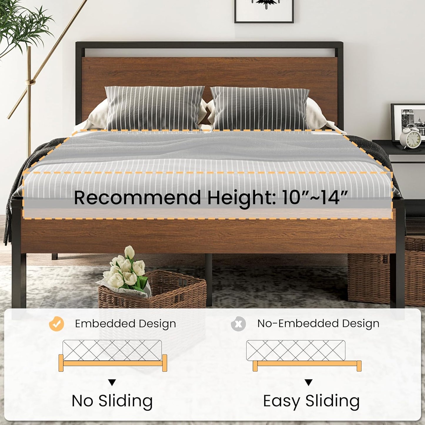 14 Inch Queen Size Metal Platform Bed Frame with Wooden Headboard and Footboard, Mattress Foundation, No Box Spring Needed, Large under Bed Storage, Non-Slip without Noise, Walnut