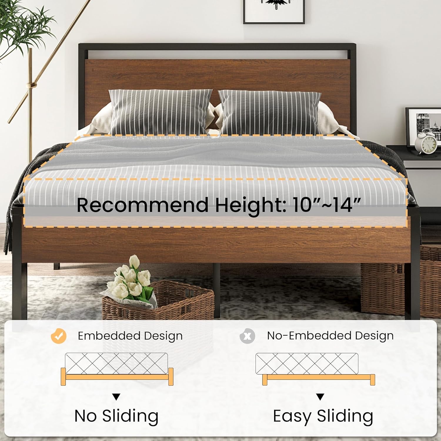 14 Inch Queen Size Metal Platform Bed Frame with Wooden Headboard and Footboard, Mattress Foundation, No Box Spring Needed, Large under Bed Storage, Non-Slip without Noise, Walnut