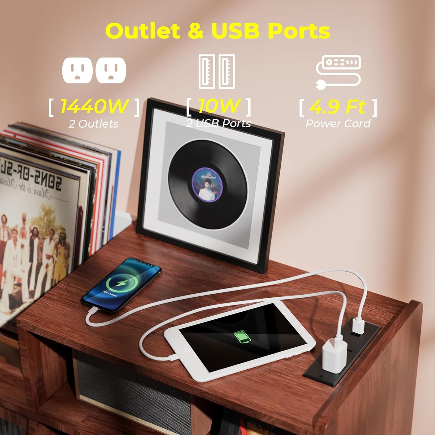Large Record Player Stand with Sliding Door,350 Vinyl Record Storage Cabinet, Record Player Table with Power Outlet and LED Light,Turntable Stand with Wood Legs for Living Room,Office