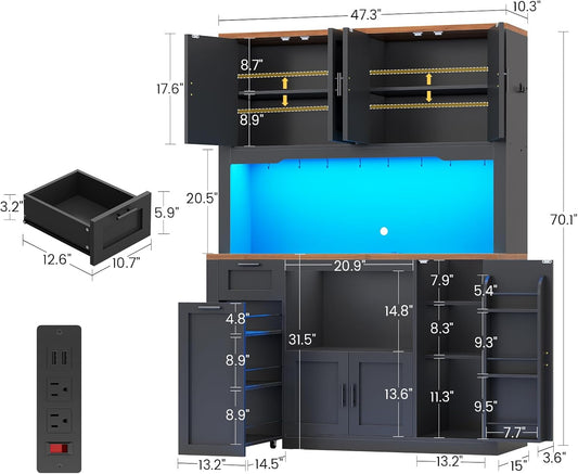 71" Pantry Cabinet with Charging Station and LED Light, Kitchen Pantry Cabinet with Microwave Stand, 47.2" Wide Kitchen Storage Cabinets with Storage Cart 3 Tier for Dining Room, Black