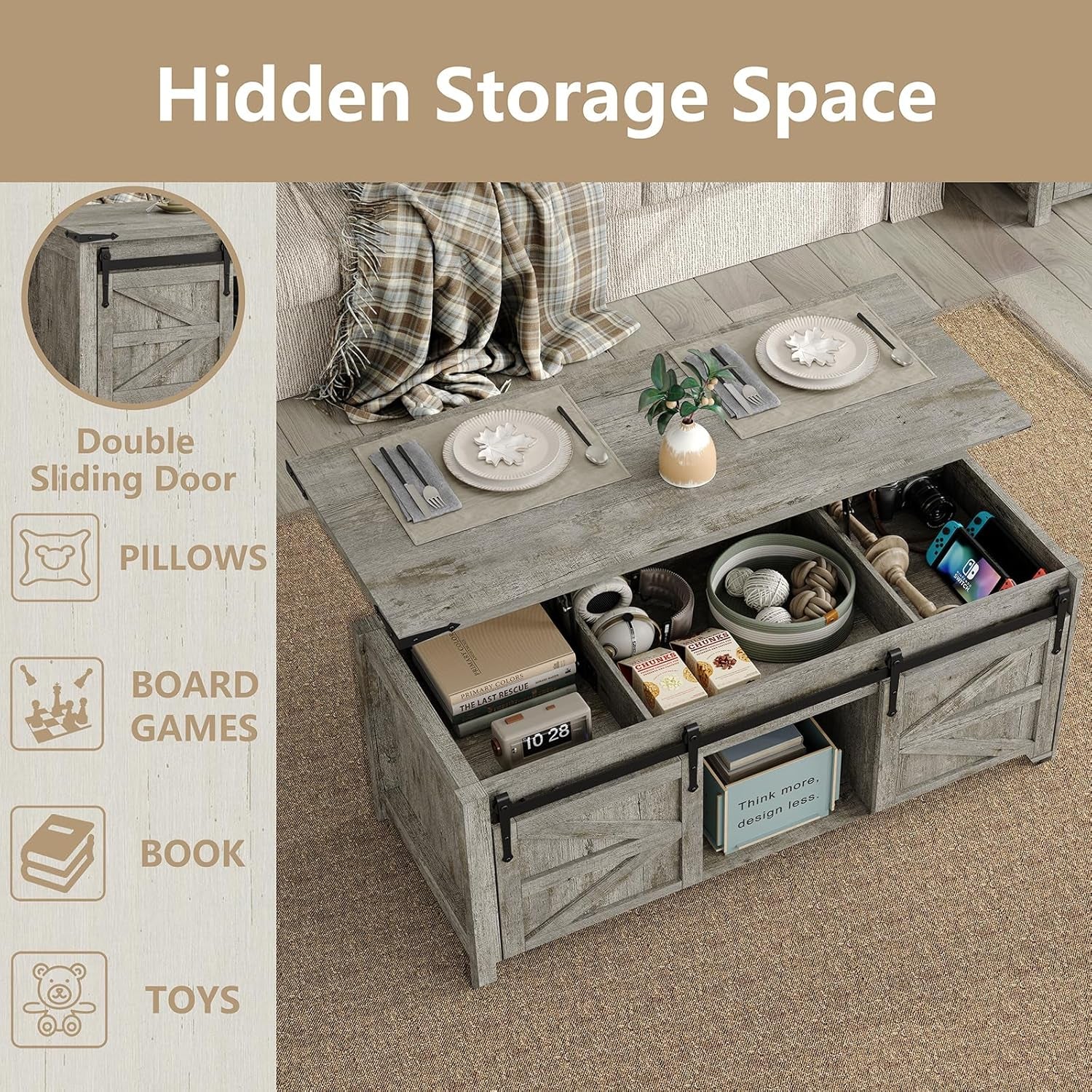 Lift Top Coffee Table, 47.3'' Farmhouse Coffee Table with Large Hidden Storage Compartment & Sliding Barn Doors, Wood Modern Rectangle Table for Home, Office, Rustic Grey