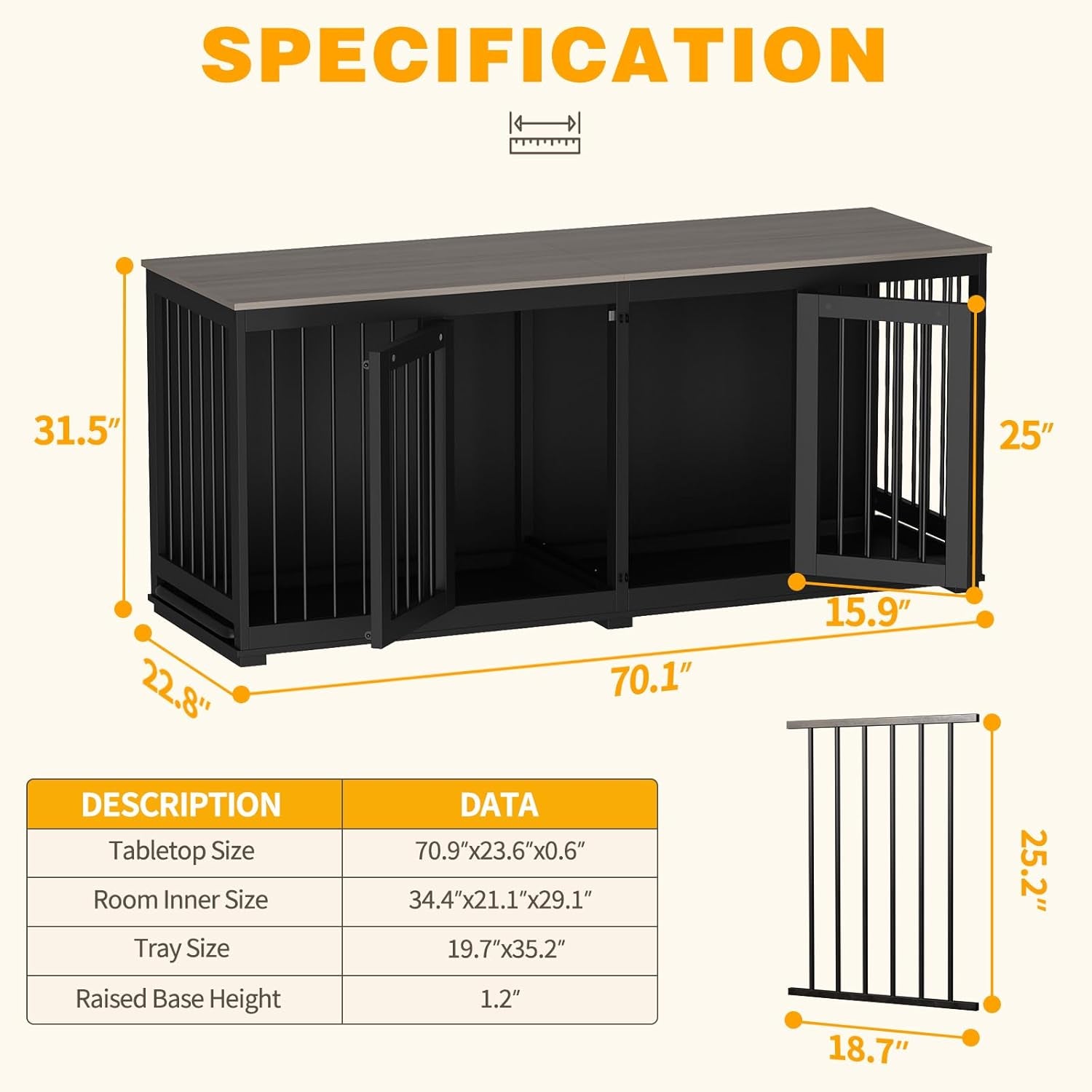 Large Funiture Style Dog Crate for 2 Dogs, 70" Wooden Dog Kennel Furniture with Removable Divider & 2 Trays, Indoor Heavy Duty Dog House W/Double Rooms for Large Medium Dogs, Black