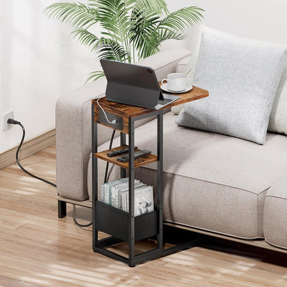 C Shaped End Table with Charging Station, Small Side Table for Couch Recliner, Slide under Sofa Desk Snack Tables with Storage Bag & AC / USB Outlet, Small Spaces Drink Tables for Living Room, Bedroom