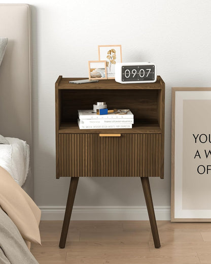 Nightstand,Modern Bedside Table with Storage Drawer and Open Wood Shelf, for Living Room, Bedroom and Small Spaces, Accent Night Stand with Solid Wood Legs, Easy Assembly,Walnut Brown