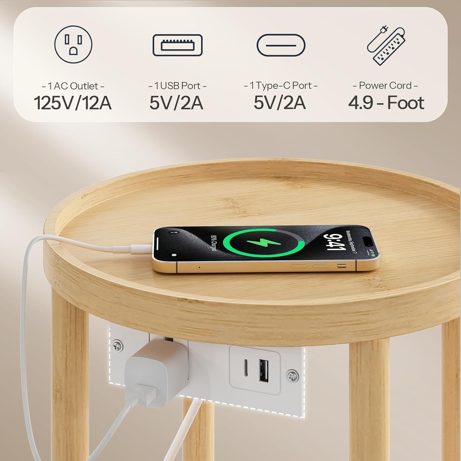 Small round Side Table with Charging Station, 2-Tier round Bamboo End Table, Compact Sofa Bedside Table for Small Space, Easy Assembly, for Living Room, Bedroom, Apartment, Natural YL156UBZ01
