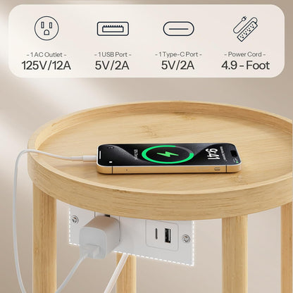 Set of 2 Small round Side Tables with Charging Station, 2-Tier round Bamboo End Tables, Easy Assembly, for Living Room, Bedroom, Apartment, Natural YL156UBZP201