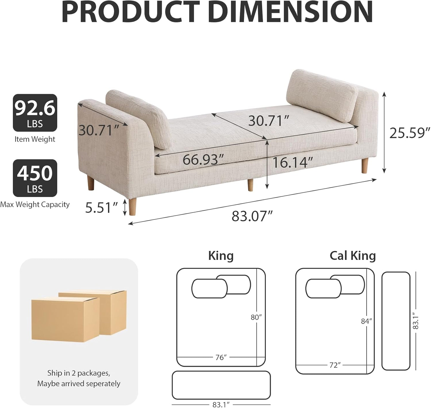 83.1" Oversized Chaise Lounge, Chenille Upholstered End of Bed Bench with Arms, Sleeper Sofa Daybed with 2 Pillows for Bedroom, Living Room, Window Seat, Beige.