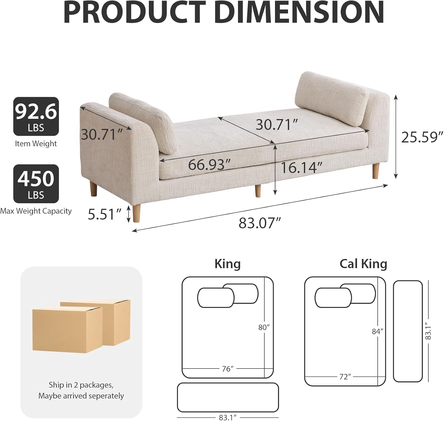 83.1" Oversized Chaise Lounge, Chenille Upholstered End of Bed Bench with Arms, Sleeper Sofa Daybed with 2 Pillows for Bedroom, Living Room, Window Seat, Beige.