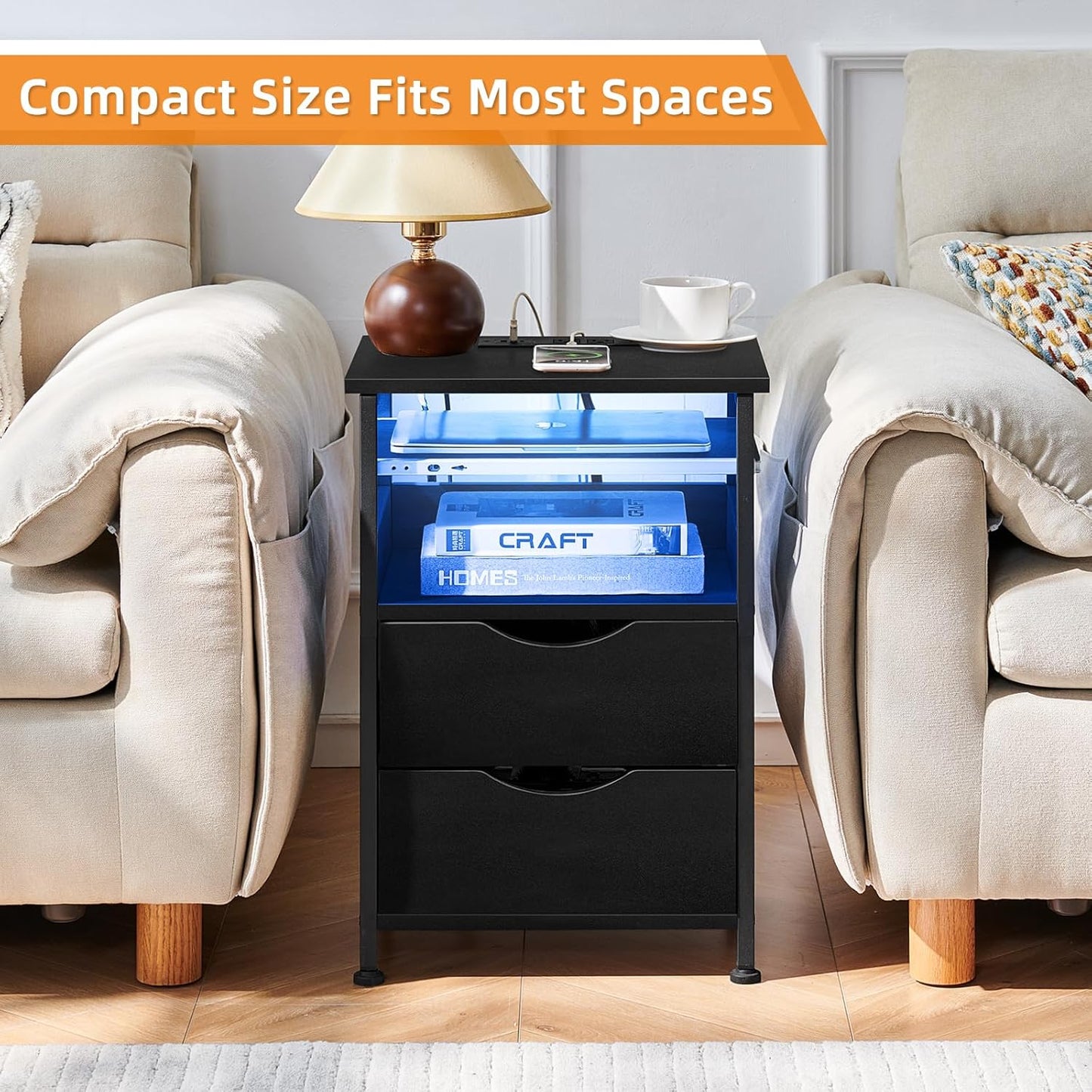 End Table with Charging Station, Narrow Side Table with 2 Drawers, Nightstand with 7 Color LED Light, Slim Bedside Table for Bedroom, Living Room, Small Spaces, Black