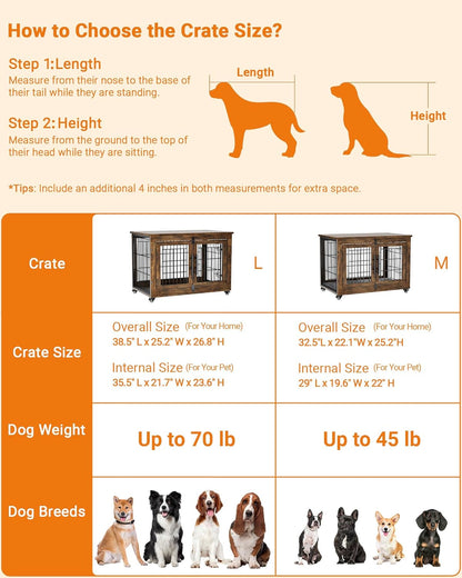 Dog Crate Furniture with Cushion, Wooden Dog Kennel Indoor with Double Doors, Dog Cage with Wheels, Dog House Side End Table for Small Dogs up to 30 Lb, 27.2" L, Grey