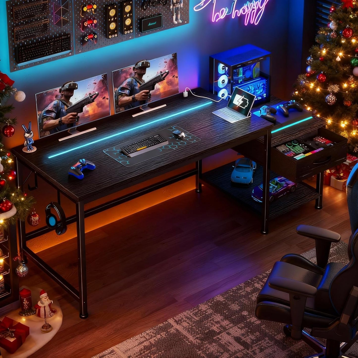 56 Inch Gaming Desk with Drawers and Shelf,Reversible Computer Desk with LED Lights and Power Outlets,Study Table with Hooks for Headphone,Bags,Black Desk Work Desk for Bedroom,Dorm