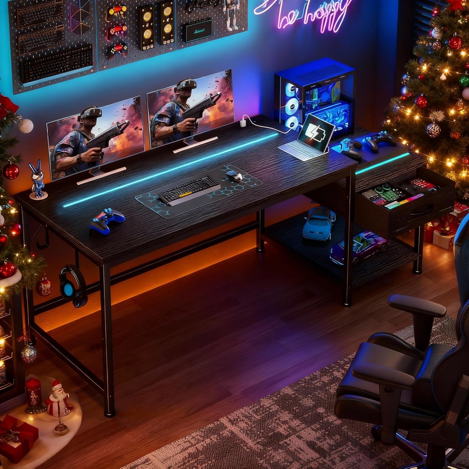 56 Inch Gaming Desk with Drawers and Shelf,Reversible Computer Desk with LED Lights and Power Outlets,Study Table with Hooks for Headphone,Bags,Black Desk Work Desk for Bedroom,Dorm