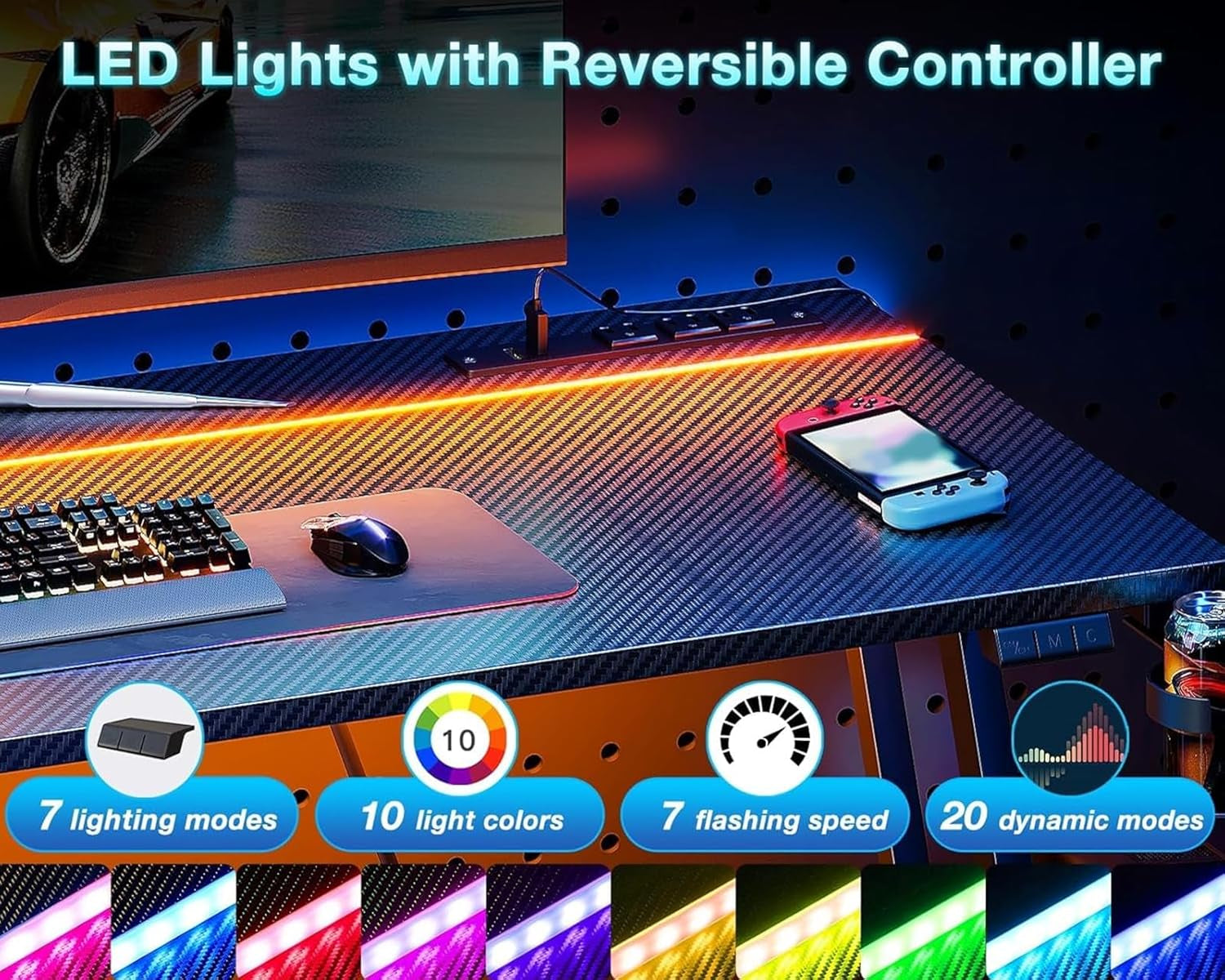 32 Inch Small Gaming Desk with LED Lights & Power Outlet, Computer Desk for Small Space, Gaming Table with Carbon Fiber Texture, Kids Desk Gift for Boys Men, Black