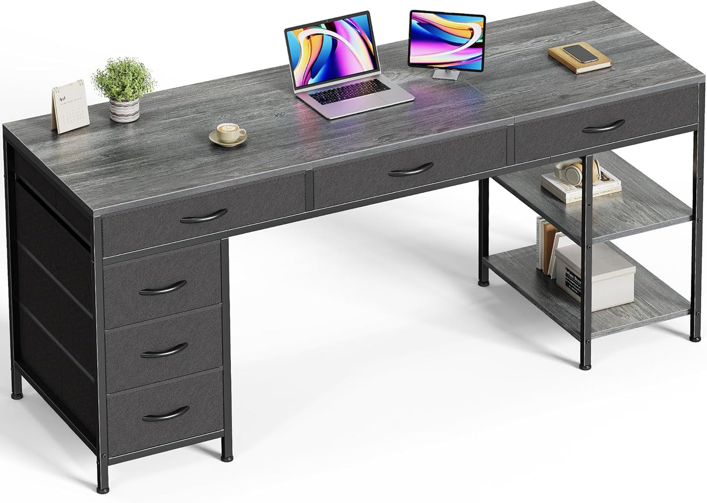 Computer Desk with 6 Drawers, 63 Inch Office Desk with Shelves, Reversible Gaming Desk, Corner Desk with Storage, for Home Office, Study, Living Room, Grey