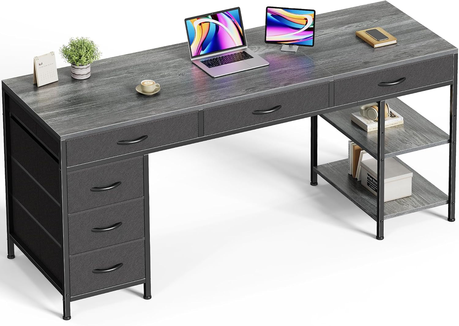 Computer Desk with 6 Drawers, 63 Inch Office Desk with Shelves, Reversible Gaming Desk, Corner Desk with Storage, for Home Office, Study, Living Room, Grey