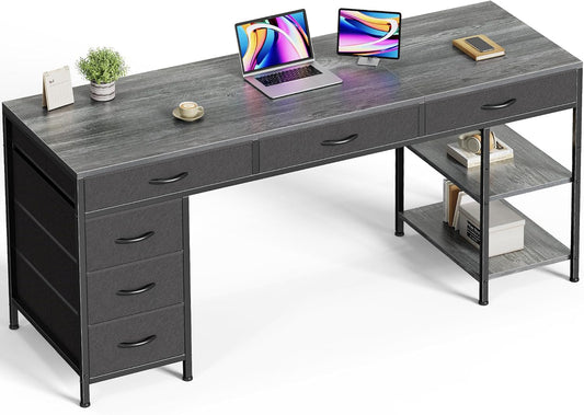 Computer Desk with 6 Drawers, 63 Inch Office Desk with Shelves, Reversible Gaming Desk, Corner Desk with Storage, for Home Office, Study, Living Room, Grey