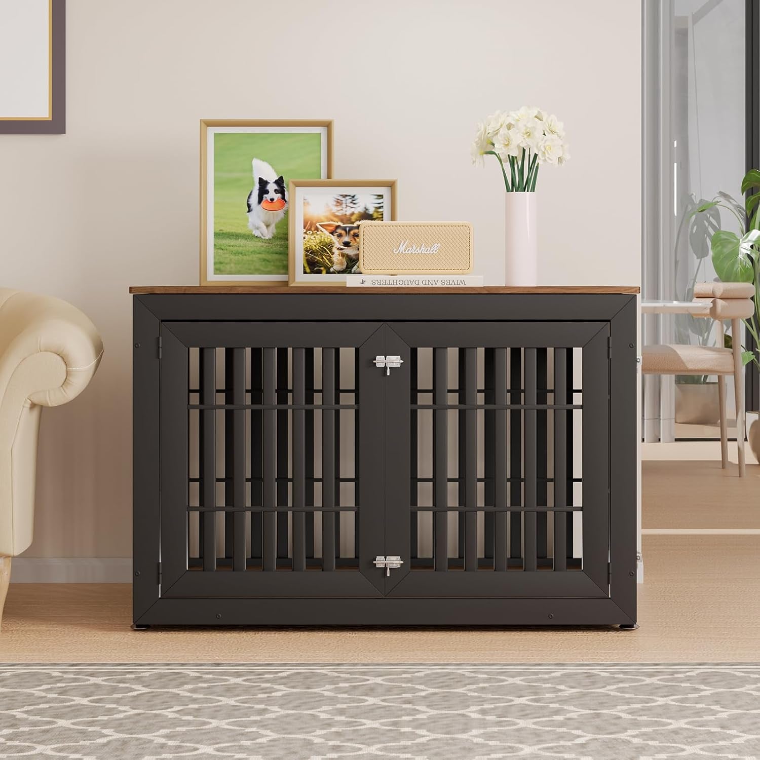 32" Heavy Duty Dog Crate Furniture for Small,Medium and Large Dogs,Rustic Wooden Dog Cage Kennel Indoor Furniture with Waterproof Top,Decorative Pet House Side End Table (Black & Grey)