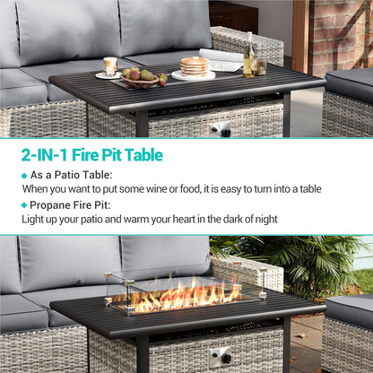 10-Piece Outdoor Patio Furniture Set with Rocking Swivel Chair, PE Wicker Rattan Sectional Sofa Patio Conversation Set with 55,000 BTU Fire Pit Table & Coffee Table, Grey