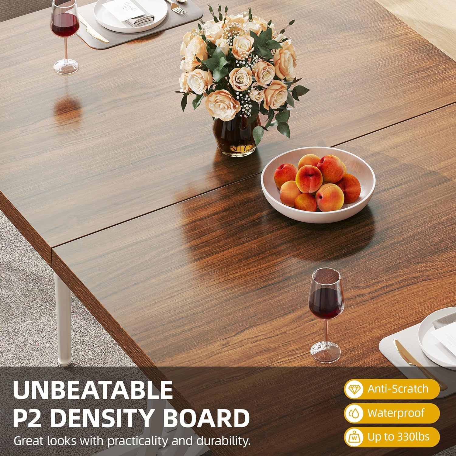 Modern Dining Table for 4 People 47 Inch Rectangular Kitchen Table with Walnut Tabletop and White Geometric Legs Small Dinner Table Kitchen & Dining Room Furniture Brown