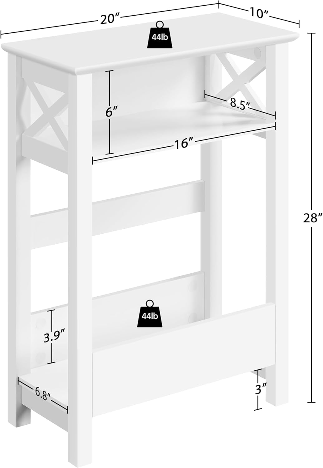 Small Side Table with Storage Shelf, 3-Tier Slim X Shaped End Table with Magazine Rack, Living Room Home Office Balcony Small Spaces, Effortless Assembly, White