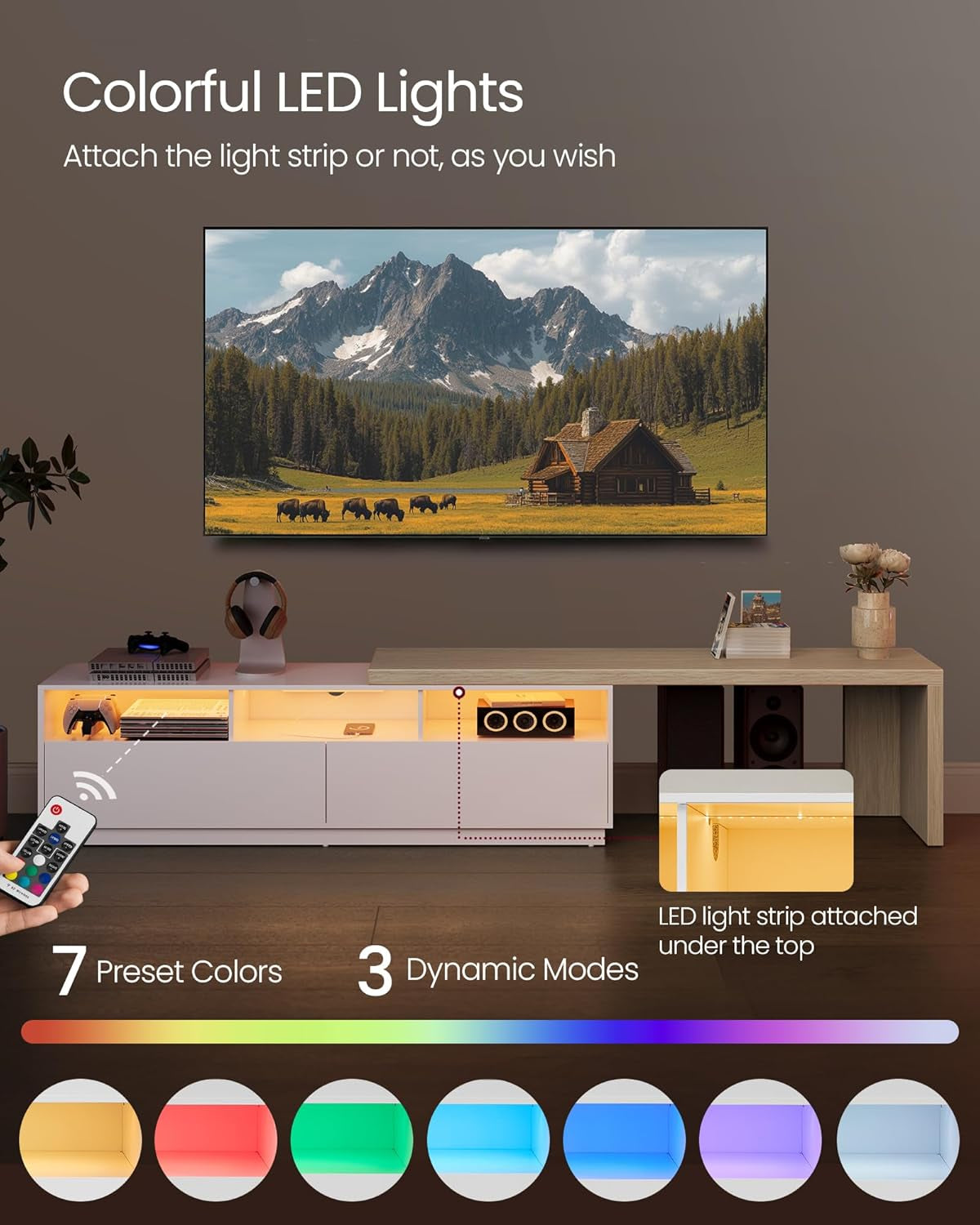 TV Stand with Power Outlet, Adjustable Length 63.8-106 Inches, Modular L-Shaped TV Console Table, LED Light, Fits Large Screen TV, for Living Room, Cloud White and Natural Beige ULTV126W01