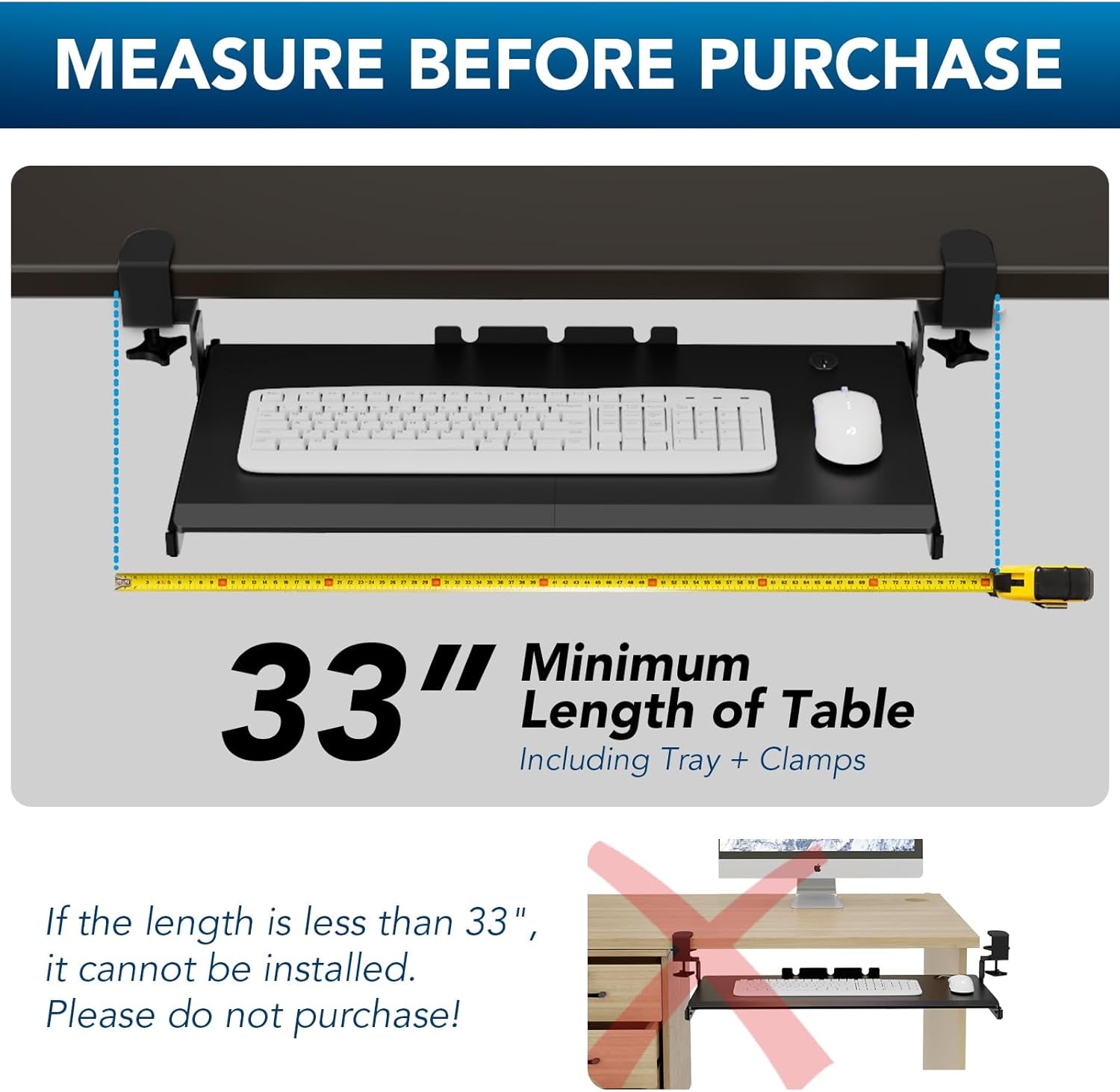 Keyboard Tray under Desk Pull Out with Extra Sturdy Adjustable C Clamp Mount System, 27.3 (32.5 Inch Including Clamps) X 11 Inch Slide-Out Platform Computer Drawer for Typing, Black,Ax01Wb01