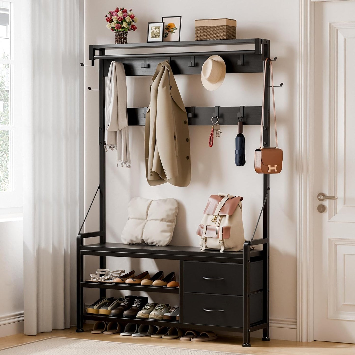 Hall Tree with Bench and Shoe Storage, 39.4” Entryway Bench with Coat Rack Freestanding, 5 in 1 Entryway Furniture Organizer Large Coat and Shoe Rack with 21 Hooks and Drawers, Black