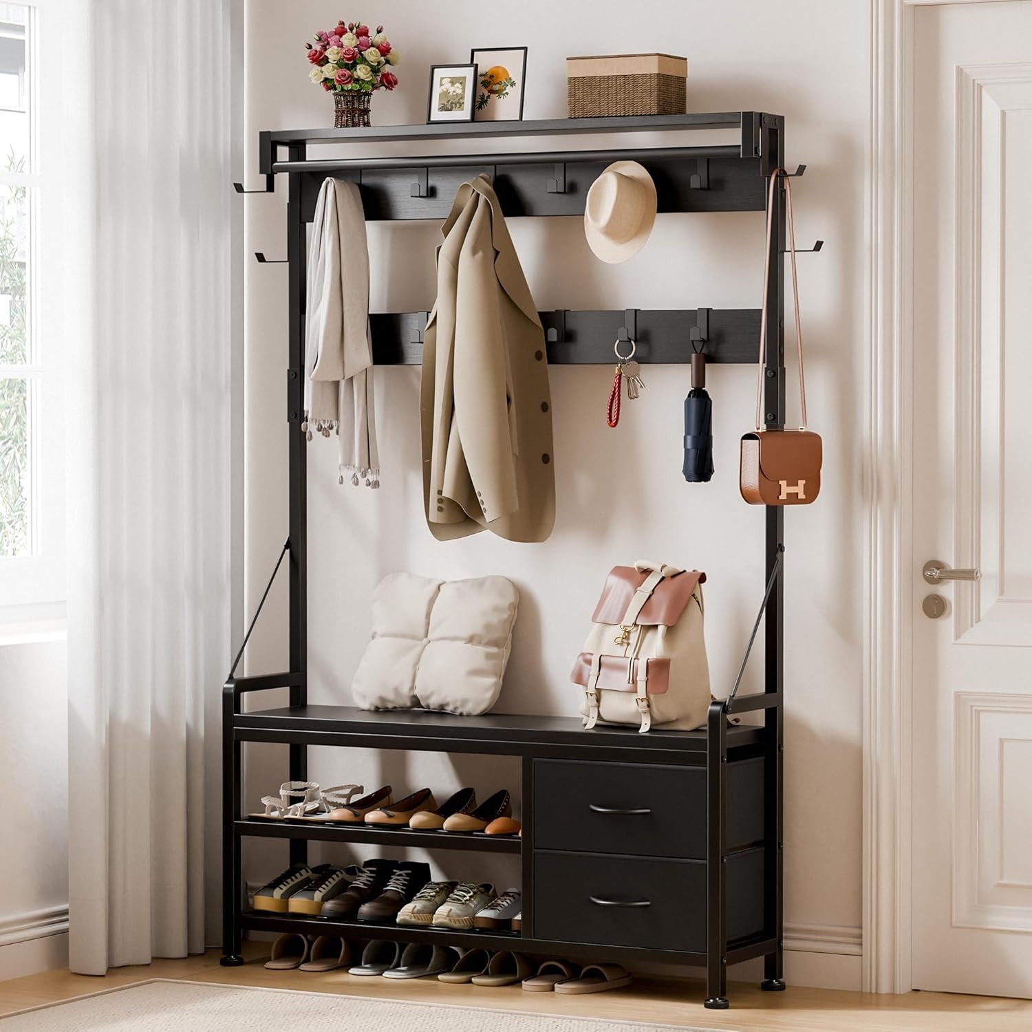 Hall Tree with Bench and Shoe Storage, 39.4” Entryway Bench with Coat Rack Freestanding, 5 in 1 Entryway Furniture Organizer Large Coat and Shoe Rack with 21 Hooks and Drawers, Black