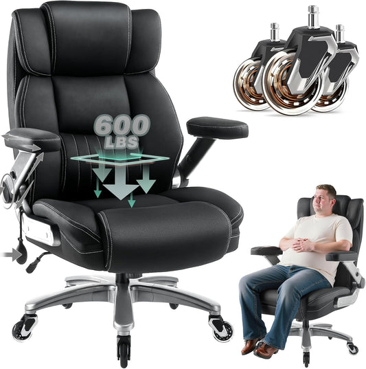 600LBS Breathable Fabric Big and Tall Office Chair with 5D Flip Arms and Pocket Spring Cushion, Ergonomic Heavy Duty Executive Office Desk Chair with Lumbor Support, High Back Computer Chair (600Lbs)