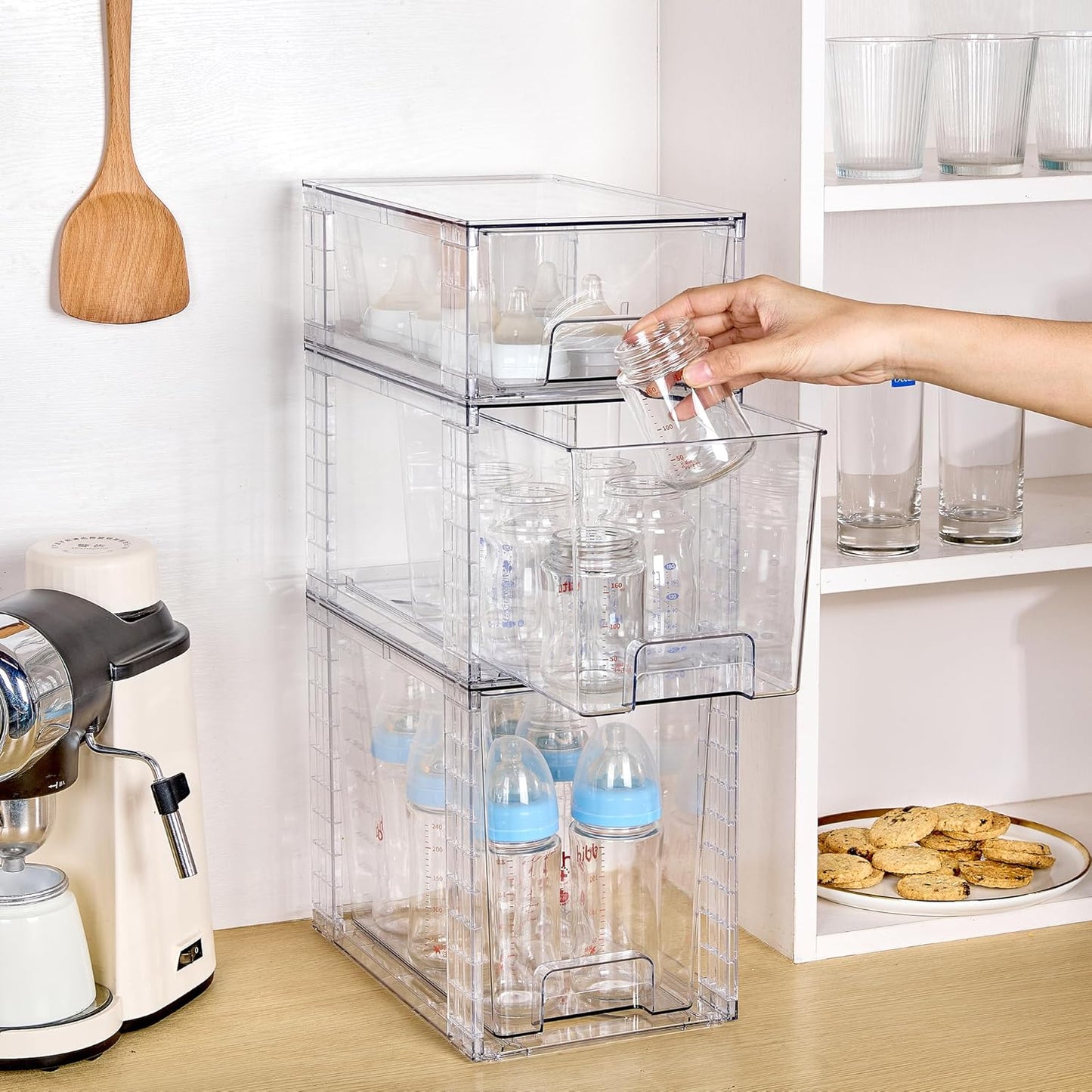 3 Pack Clear Stackable Storage Drawers,Easy to Assemble Bathroom Organizers and Storage with Handles,Plastic Drawers for Kitchen Pantry,Cabinet,Under Sink Organization