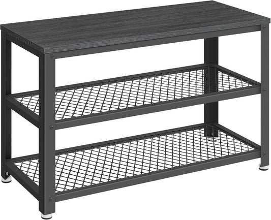 , 3-Tier Shoe Rack, Shelf Storage Bench with Metal Mesh Shelves and Seat, Free Standing Shoe Organizer for Entryway, 11.8 X 28.7 X 17.7 Inches, Ebony Black and Black ULBS073B06