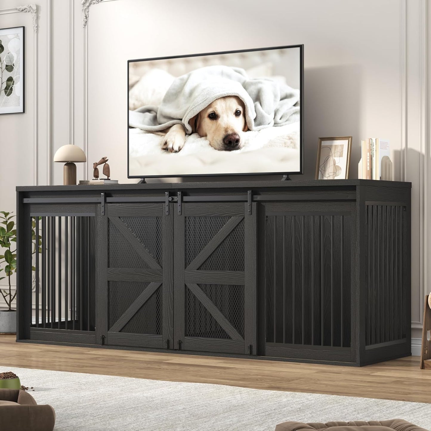 87In Farmhouse Dog Crate TV Stand, Wooden Dog Kennel Furniture with Sliding Metal Mesh Barn Door, Large Dog Crate Furniture for 2 Dogs, Solid Metal Tube & 2 Lockable Doors, White & Brown