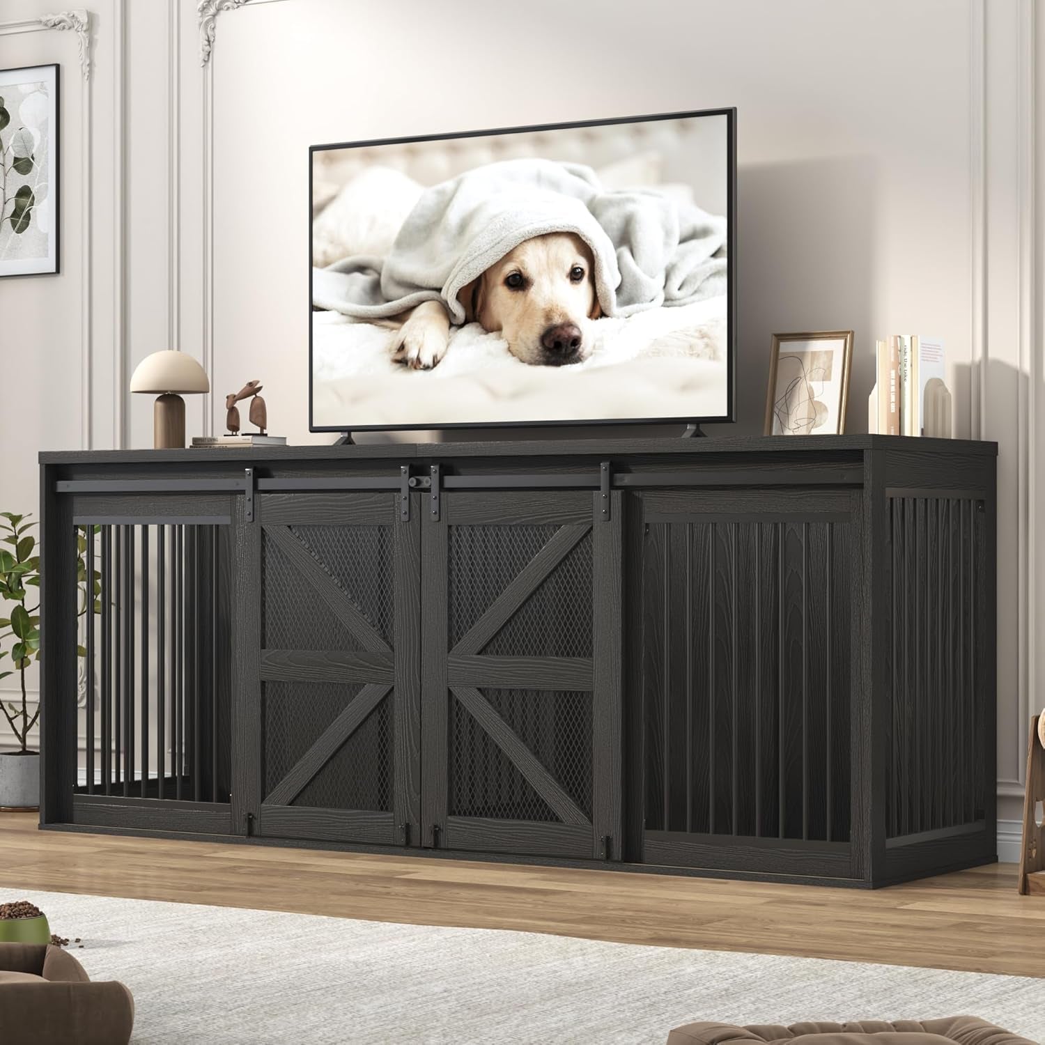 87In Farmhouse Dog Crate TV Stand, Wooden Dog Kennel Furniture with Sliding Metal Mesh Barn Door, Large Dog Crate Furniture for 2 Dogs, Solid Metal Tube & 2 Lockable Doors, Black
