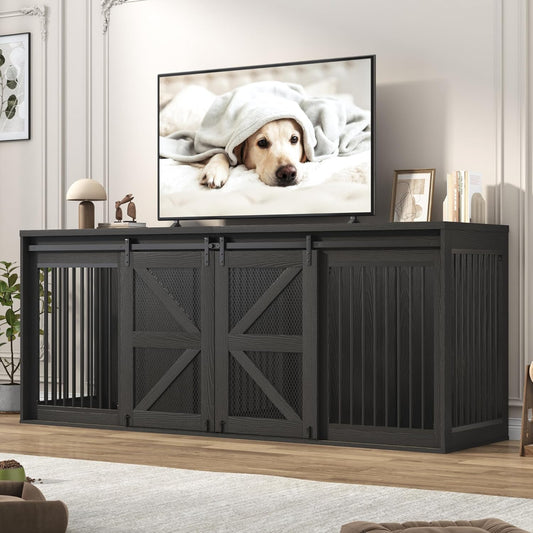 87In Farmhouse Dog Crate TV Stand, Wooden Dog Kennel Furniture with Sliding Metal Mesh Barn Door, Large Dog Crate Furniture for 2 Dogs, Solid Metal Tube & 2 Lockable Doors, Black