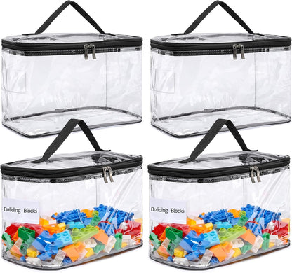 4 Pack Large Clear Storage Bags for Toys with Name Tag, Waterproof Duty PVC Toy Organizer Bag for Building Blocks, Board Games, Puzzles, Stationery and Other Small Items, Storage Bins(12.6X7.9×6.3 In)